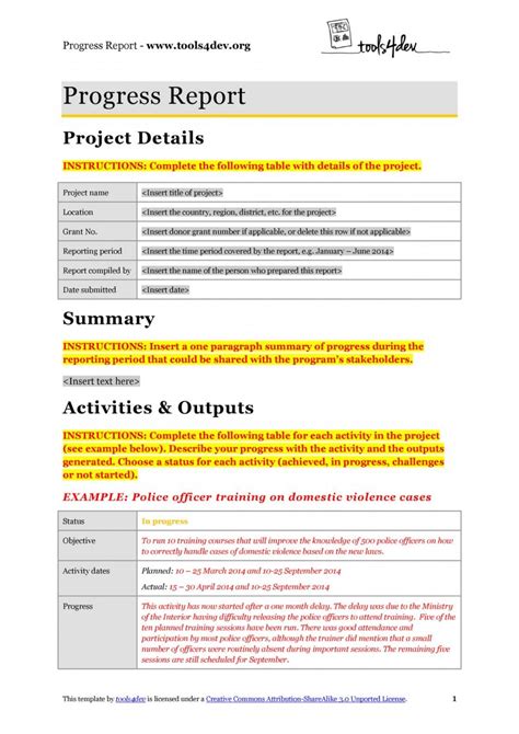 business progress report template word